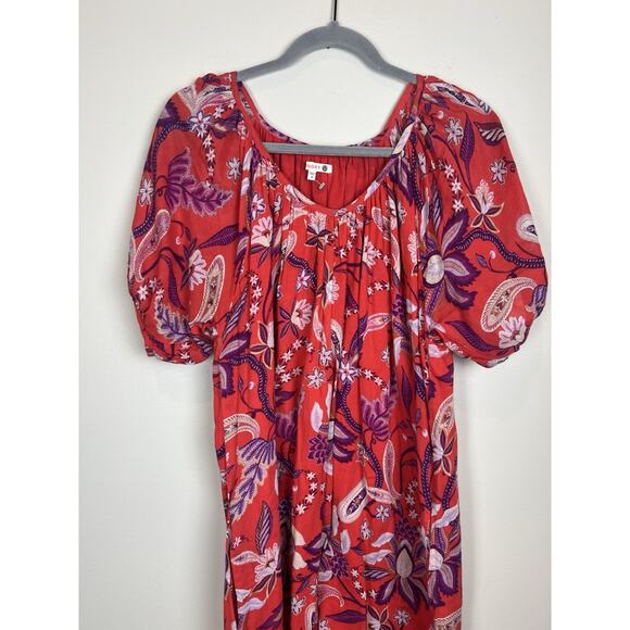SUNDRY Bubble Sleeve Red Purple Floral Maxi Dress Lightweight Cotton V-neck Sz 2 - Picture 2 of 8